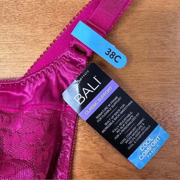 BALI Classic Support Bra Size 38C Magenta Pink Sexy Floral Lacy Fairy Bow Cotton - Picture 3 of 8